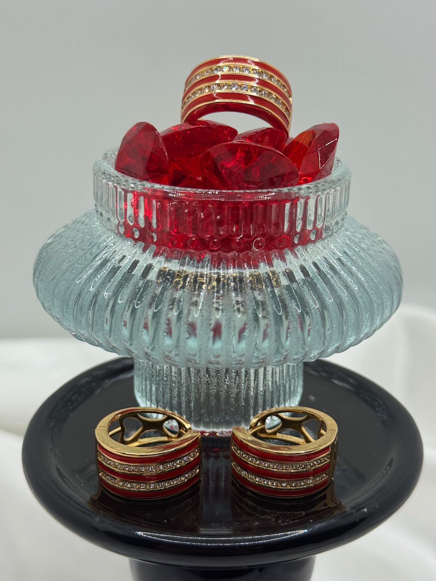 Red Enamel & Crystal Stripe Jewelry Set