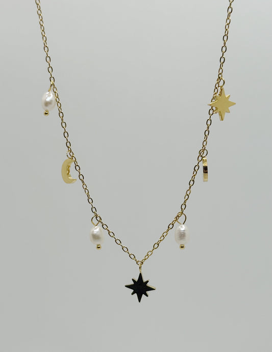 Celestial Star & Pearl Charm Necklace