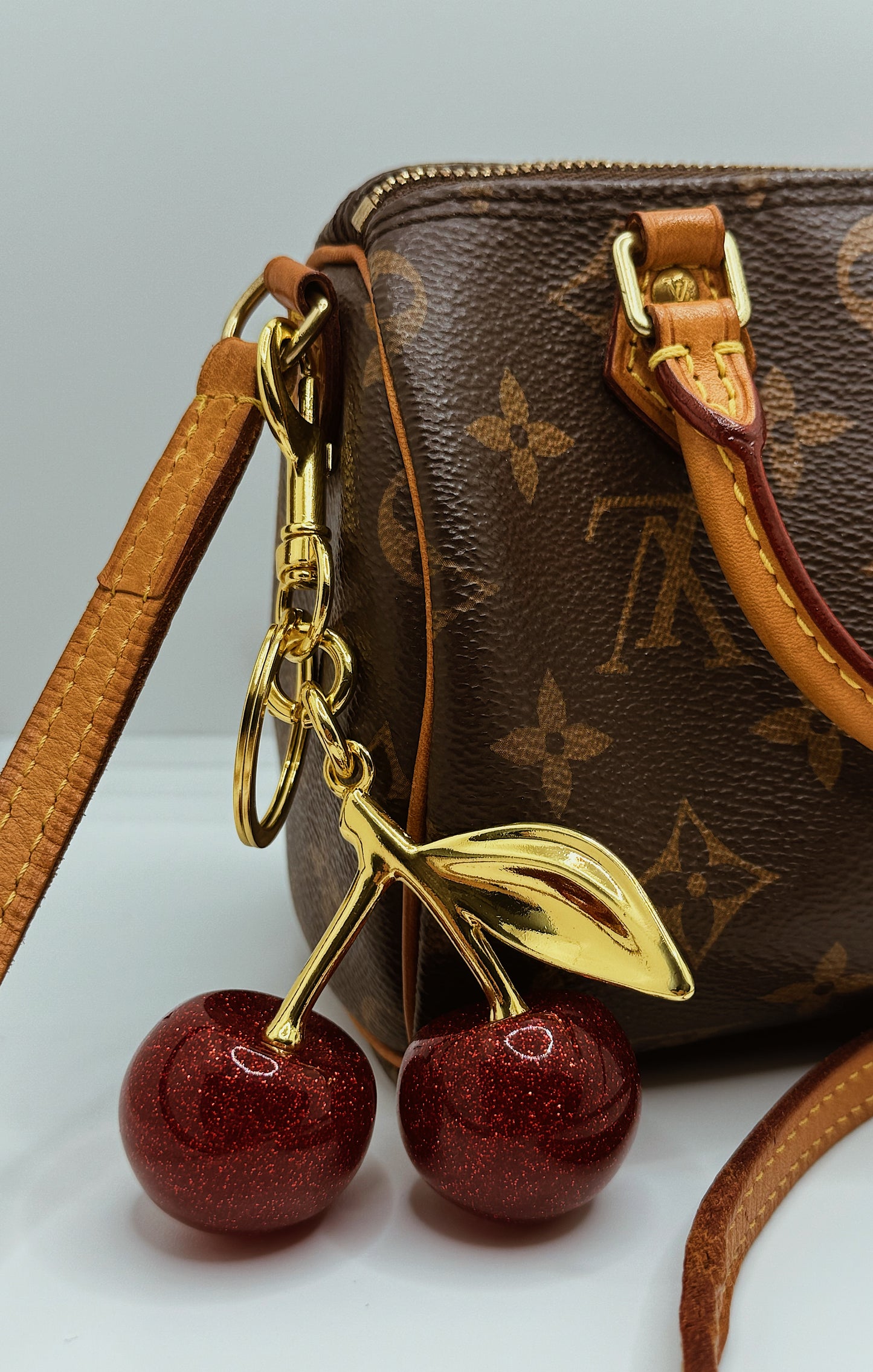Golden Cherry Charm Keychain